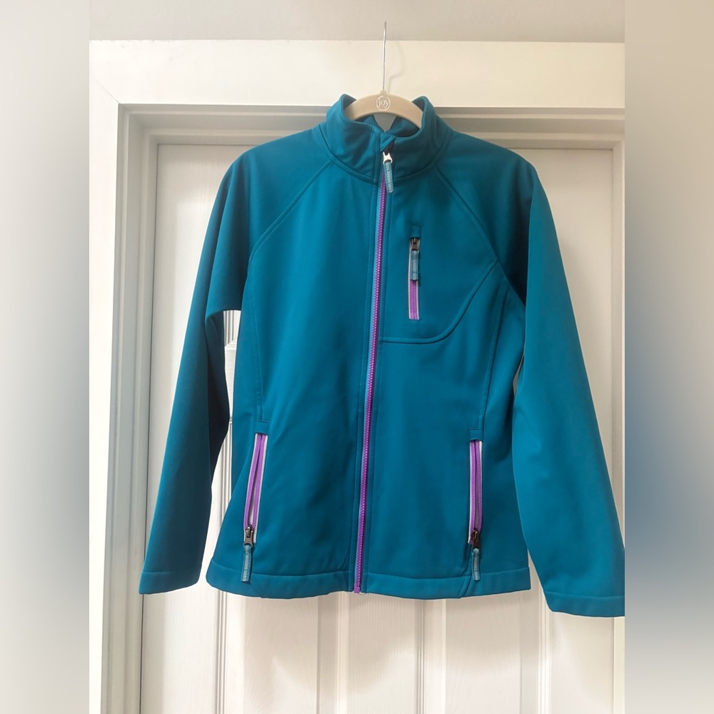 Lands' End Teal Coat with Purple Accents